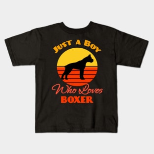 Just a Boy Who Loves Boxer Dog puppy Lover Cute Sunser Retro Funny Kids T-Shirt